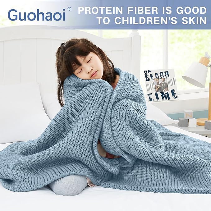 Guohaoi Knitted Weighted Blanket for Adults (Haze Blue 50"x75" 15lbs) No Beads Cooling Throw Blanket for Hot Sleepers, Home Decor Breathable Chunky Knit Heavy Blanket Use on Full Size Bed