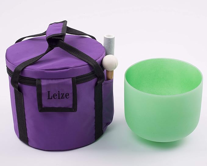 Leize Quartz Crystal Singing Bowl F Note 432 hz Heart Chakra Green 8" with Heavy Duty Carrying Case Suede Striker