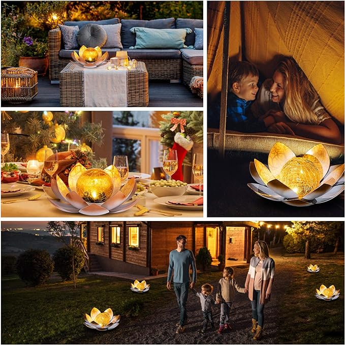 Huaxu Solar Lights Outdoor Garden Decorative Art Metal Lotus Cracked Glass Ball Waterproof Decorations for Pathway Lawn Patio Yard Ground Tabletop Gifts