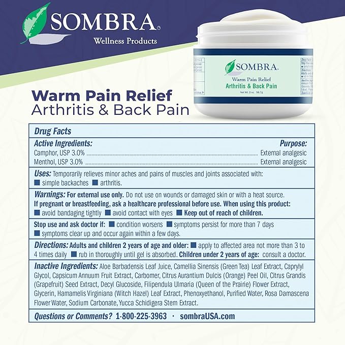 Sombra Warm Pain Relief Gel, Warm Relief for Arthritis and Chronic Pain Pre-Workout Muscle Rub Vegan Formula Free of Artificial Fragrances, Dyes, NSAIDs, Wax, Petroleum, Alcohol - 2oz Jar