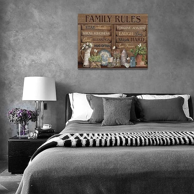 Country Family Rules Wall Art Farmhouse Inspiration Wall Decor Rustic Flower Home Sign Pictures Canvas Painting Artwork Home Decorations For Living Room Bedroom Bathroom Office 16"x12"