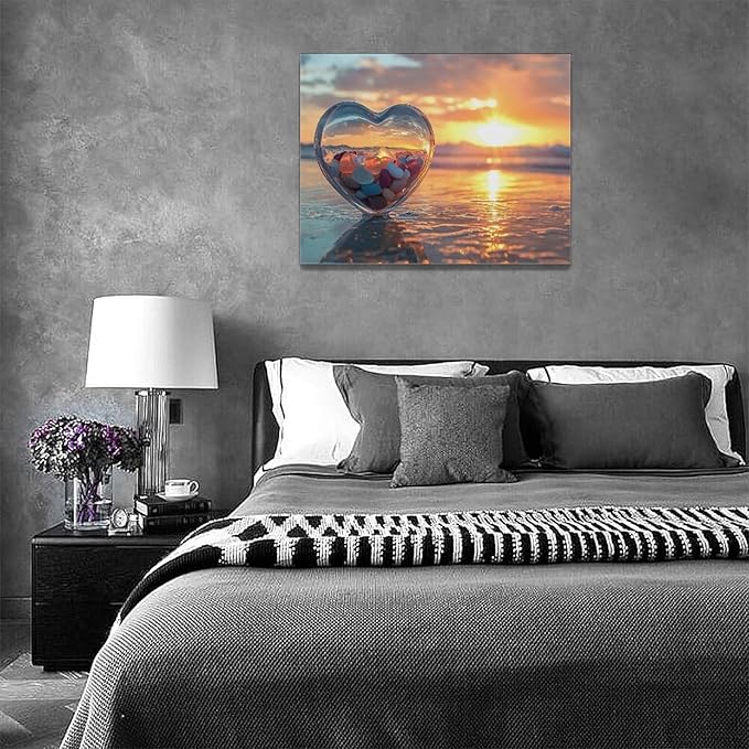 Fleruku Beach Sunset Wall Art Ocean Coastline Wall Decor Natural Scenery Pictures Canvas Painting Artwork Home Decorations for Living Room Bedroom Bathroom Office 16"x12"