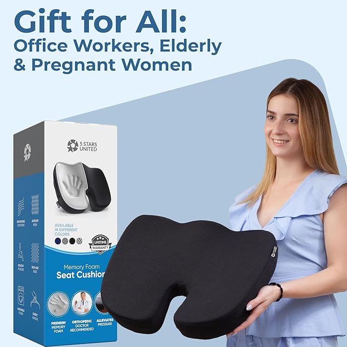 5 STARS UNITED Seat Cushion for Tailbone Pain Relief ā Large Memory Foam Cushion for Coccyx, Hip, Sciatica & Post-Surgery Recovery ā Wheelchair, Car, Desk, Gaming & Office Chairs, Black
