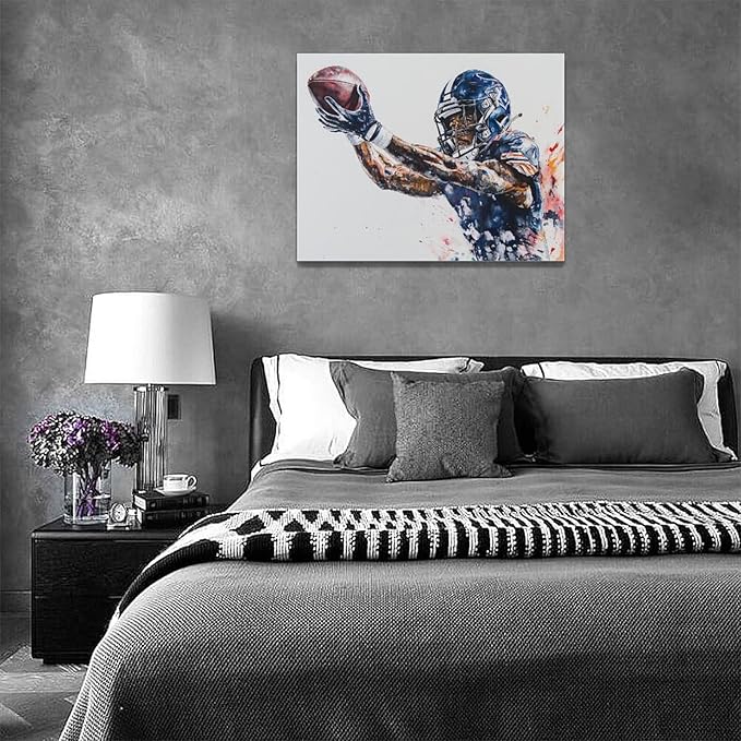 Football Wall Art Football Player Wall Decor Sports Pictures Canvas Painting Framed Artwork Home Decorations for Boy Room Living Room Bedroom Bathroom Office 16"x12"