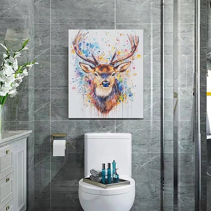 Fleruku Watercolor Deer Wall Art Colorful Elk Wall Decor Antlers Pictures Animal Canvas Painting Artwork Home Decorations for Living Room Bedroom Bathroom Office Nursery Classroom 20"x24"