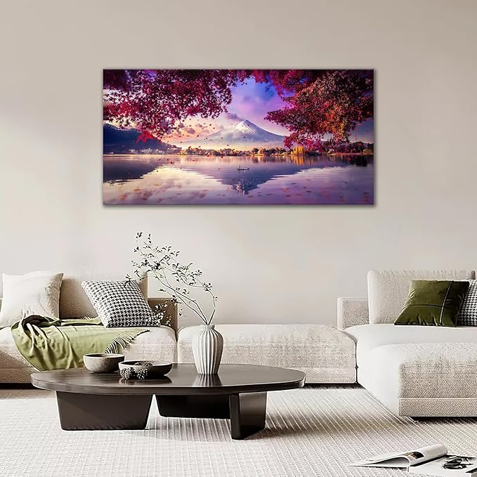 Bogosip Japanese Mountain Lake Wall Art Mount Wall Decor Nature Landscape Pictures Maple Leaves Large Canvas Prints Frame Artwork for Living Room Dining Room Bathroom 60"x30"