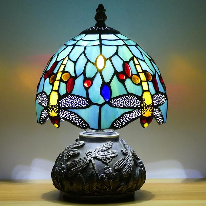 Small Tiffany Lamp Mini Stained Glass Table Lamp Mushroom Memory Sympathy Accent Lamp 8X11 Inch (Sea Blue Dragonfly Style)