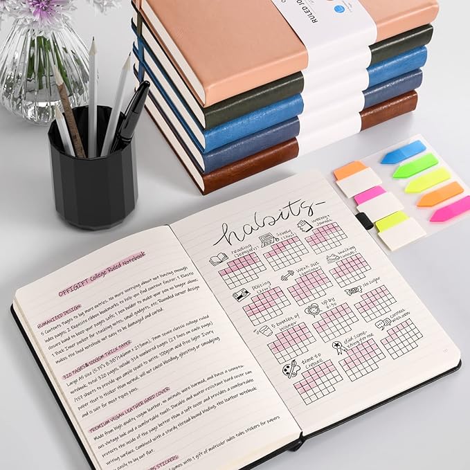 Lined Journal Notebook, Large A5 College Ruled Notebook, 312 Numbered Pages Work Notebook with Index Stickers, 100gsm Paper, Hardcover Vegan Leather Journal for Women Men School Office, Grey Blue