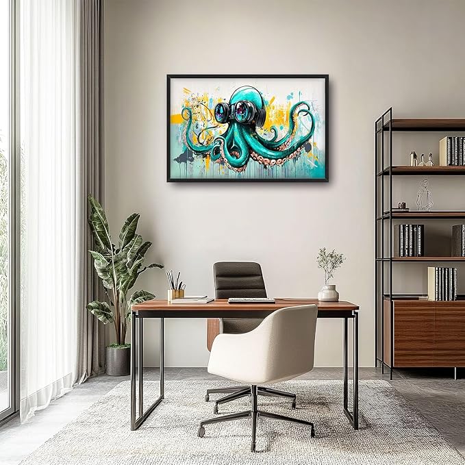 Ocean Octopus Large Wall Art Nautical Pictures Wall Decor Green Canvas Octopus Print Painting Modern Artwork Home Decoration for Living Room Bathroom Bedroom Office Framed 36"x24"
