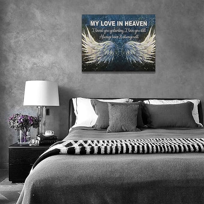 Fleruku Angel Wings Wall Art Memorial Motivational Wall Decor Wings My Love In Heaven Pictures Canvas Painting Artwork Home Decorations for Living Room Bedroom Bathroom Office 16"x12"