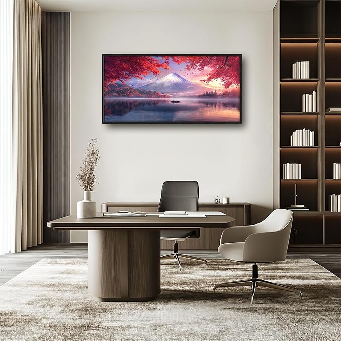 Japanese Mountain Lake Large Wall Art Pink Japan Pictures Wall Decor Nature Landscape Big Canvas Painting Prints Framed Artwork Home Decorations Above Bed for Bedroom Living Room Dining Room 60"x30"
