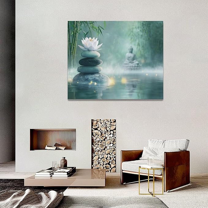 Olivine Zen Decor Wall Art, Lotus Pictures Wall Decor, Stones Flower Bloom Canvas Prints Painting, Framed Artwork for Meditation Bathroom Bedroom Living Room Office Home Decoration 20"x16"