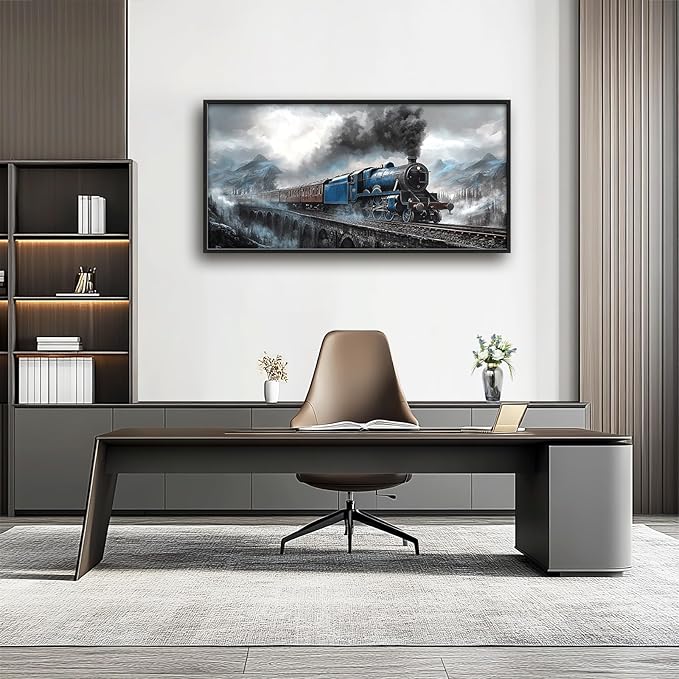 Kylora Train Wall Art Blue Gray Train Pictures Wall Decor Large Master Over Above Bed Canvas Bridge Prints Horizontal Modern Artwork Painting Home Office Decorations For Kitchen Bedroom 30"x60"