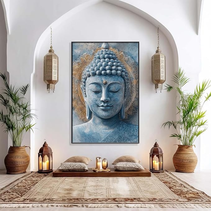 Xoxuldzhg Blue Buddha Painting Wall Art, Buddha Head Art Print, Mandala Wall Decor, Zen Canvas Art, Meditation Wall Decor, Religious Wall Art, Yoga Room Decor (Gold Framed, 24"Wx36"H/62x92cm)