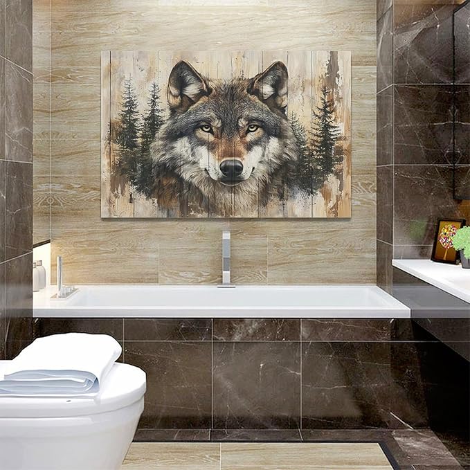 Vintage Wolf Wall Art Farmhouse Wildlife Wall Decor Country Animal Pictures Canvas Painting Artwork Home Decorations for Living Room Bedroom Bathroom Office 24"x16"