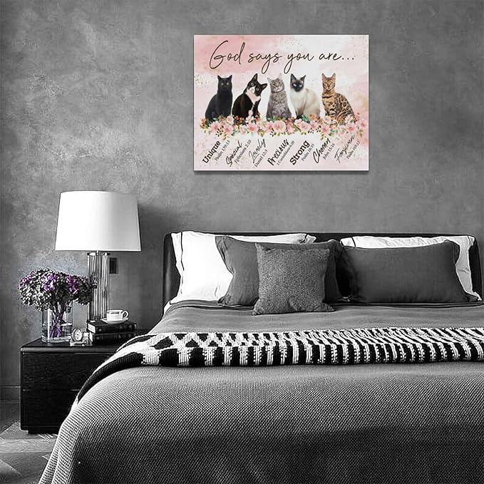 God says you are decor wall art cat canvas Pictures Christian Wall Decor flower Canvas for Girl’s Room Prints Painting Framed Artwork for Bathroom living room Bedroom 16"x12"