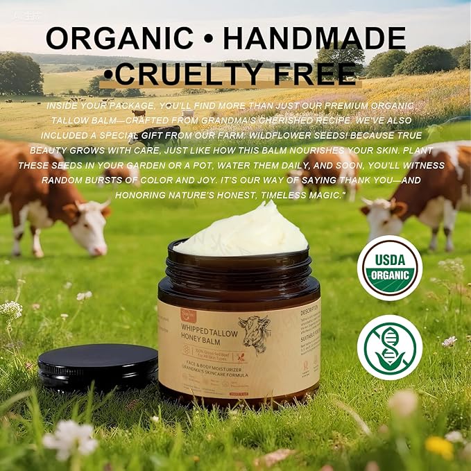 Beef Tallow for Skin, Beef Tallow Honey Balm-100% Organic Grass-Fed-handmade Whipped-Face & Body Moisturizer cream,with Manuka Wild Honey, Natural Skin Care for Sensitive, Dry Skin, Body Lotion. 2oz
