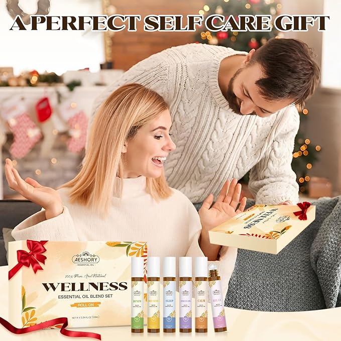 Essential Oils Roll On Set(Calm, Relax, Breathe, Focus on, Sleep, Renew), Natural Aromatherapy Oil Blend Kit with Roller Ball for Massage, Body Skin Care, Home, Relaxation Gift for Women & Men