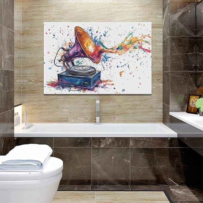 Fleruku Watercolor Phonograph Wall Art Colorful Phonograph Wall Decor Pictures Canvas Painting Artwork Home Decorations for Living Room Bedroom Bathroom Office Nursery Classroom 24"x16"