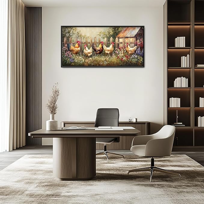 Farmhouse Roosters Wall Art Farm Chicken Pictures Wall Decor Country Rooster Large Master Over Above Bed Canvas Prints Horizontal Modern Artwork Painting Home Decorations For Kitchen Bedroom 30"x60"