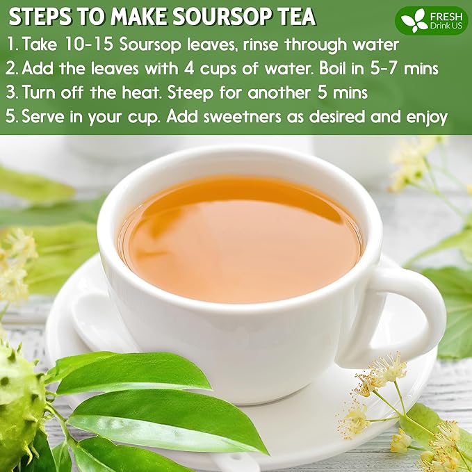 FreshDrinkUS, 120+ Premium Soursop Graviola Dried Leaves Tea, 40 Cups, 120-130 Natural Leaves, Whole Leaves, Wildcrafted, Graviola, Hoja Guanabana, Soursop Loose Leaf Herbal Tea, No Gluten, Vegan