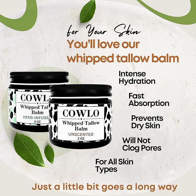 Whipped Beef Tallow for Skin – 100% Grass Fed Tallow Moisturizer for Face, Organic Body Butter, Rosacea, Eczema, Babies, Sensitive Skin (Unscented) 2oz