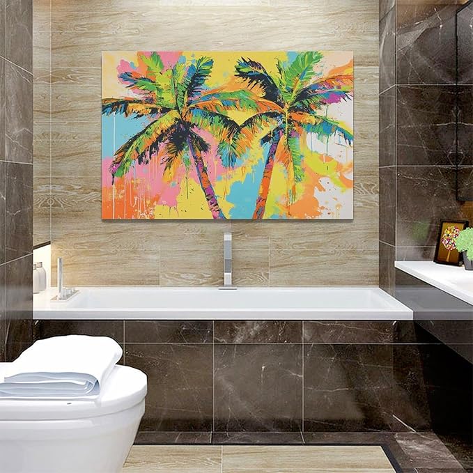 Olivine Tropical Wall Art, Palm Tree Pictures Wall Decor, Graffiti Painting, Colorful Summer Canvas Prints, Framed Artwork for Bathroom Living Room Bedroom Office Home Decoration 24"x16"