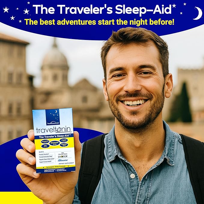 Travel Sleep Aid | Get Jet Lag Relief, Restorative Sleep, Immune Support | Flight, Hotel Essential | 5-in-1 Formula w/Melatonin, Ashwagandha, L-Theanine, GABA, Lemon Balm | 20 Capsules | Blister Packs