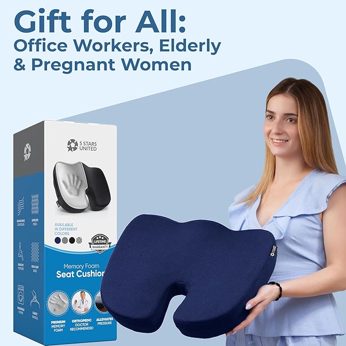 5 STARS UNITED Seat Cushion for Tailbone Pain Relief ā Large Memory Foam Cushion for Coccyx, Hip, Sciatica & Post-Surgery Recovery ā Wheelchair, Car, Desk, Gaming & Office Chairs, Blue