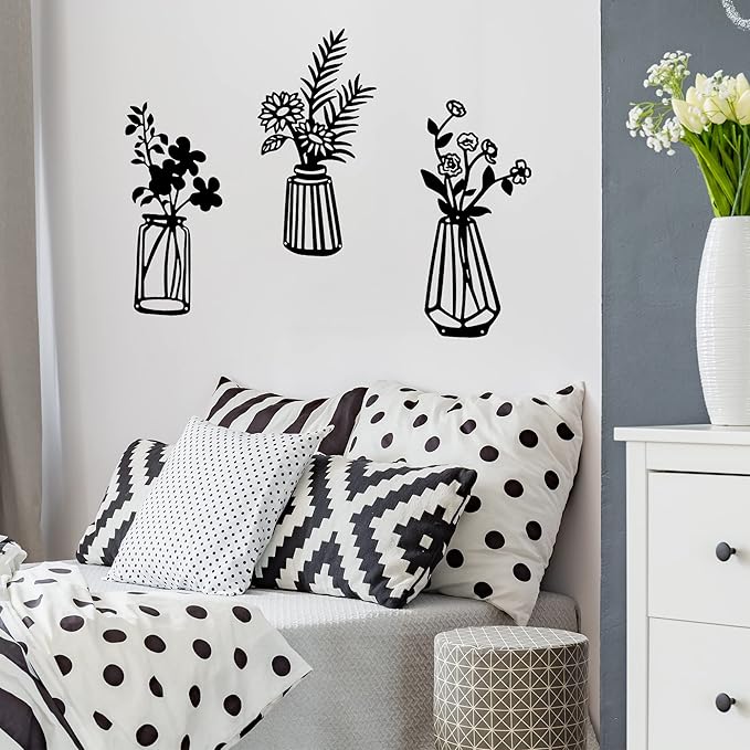 3 Pieces Black Metal Flowers Wall Decor Vase Art Sculptures Hanging for Indoor Kitchen Bathroom Dining Room Patio, 14.56x7.48 Inches