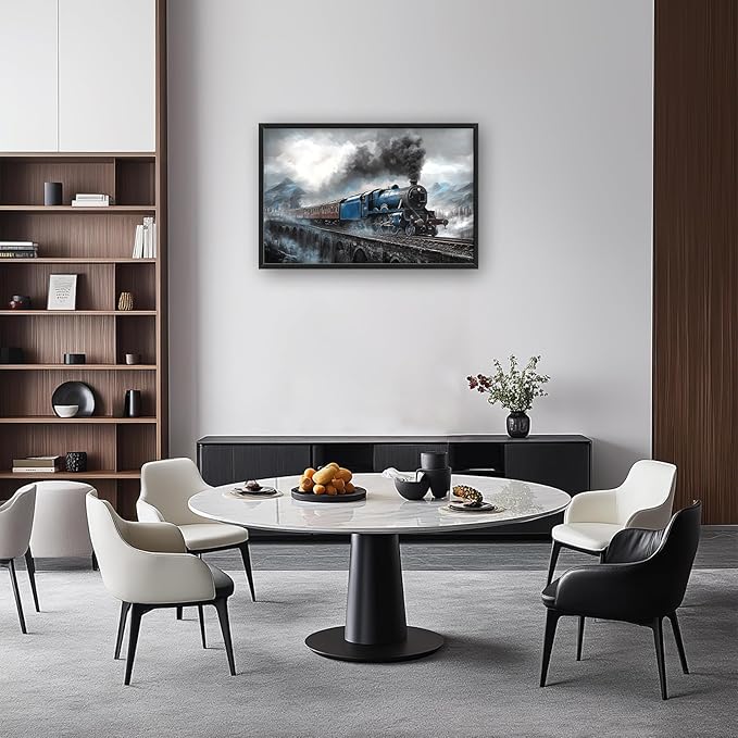 Kylora Train Wall Art Blue Gray Train Pictures Wall Decor Prints Modern Artwork Bridge Painting Home Office Decorations For Kitchen Bathroom Bedroom Dining Living Room 36"x24"