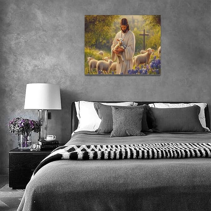 Fleruku Jesus Lamb Wall Art Christ Christian Wall Decor Jesus Religious Sign Pictures Canvas Painting Artwork Home Decorations for Living Room Bedroom Bathroom Office 16"x12"