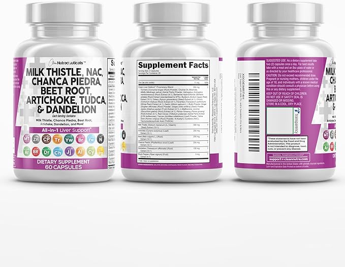 Clean Nutraceuticals Milk Thistle NAC Chanca Piedra Beet Root Artichoke Dandelion Root - Liver Cleanse Supplement Plus TUDCA Choline & Ginger - 2Pack