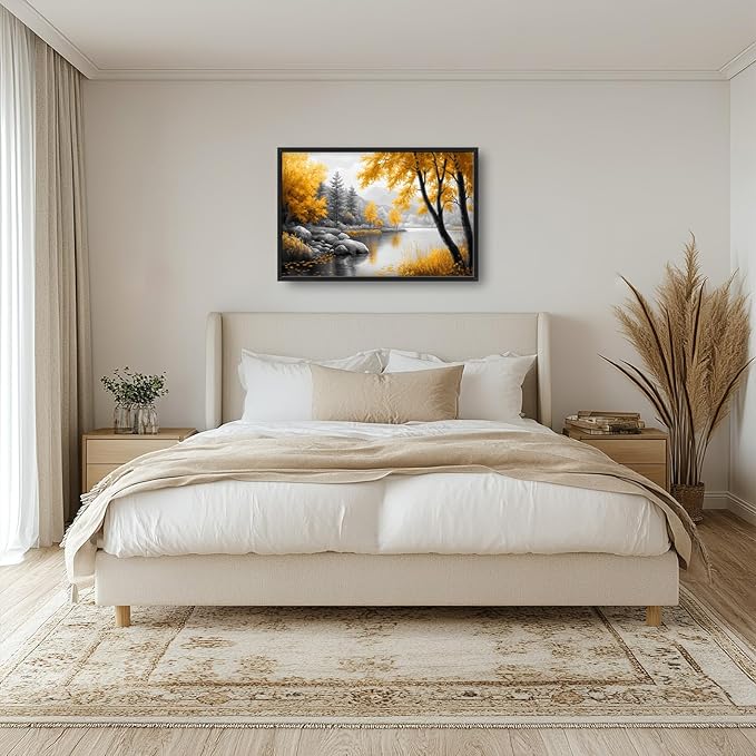Framed Large Fall Tree Wall Art for Living Room, Oversized Zen Trees Wall Decor, Black and Golden Forest Canvas Pictures Home Decoration for Living Room Bedroom Office 36"x24"