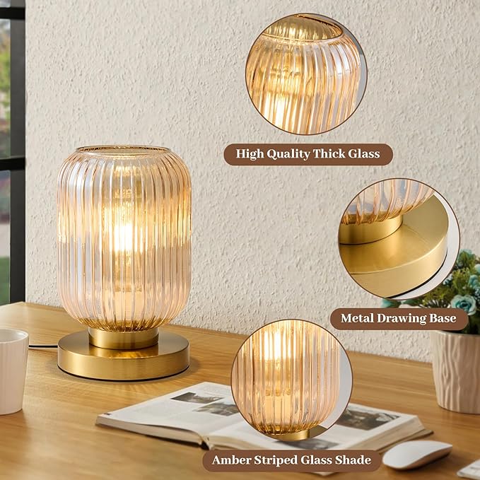 Glass Table Lamps Mid Century Modern Globe, Dimmable Amber Glass Table Lamp for Nightstand, Small Gold Table Lamp, Amber Pumpkin Design Ribbed Vintage Bedside Lamp for Bedroom Living Room Office