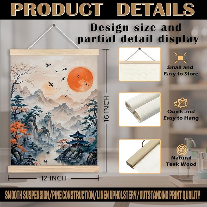 FITIE Traditional Japanese Oriental Sun Mountain Canvas Wall Art Poster Hanger Frames, Japandi Home Decor, Retro Asian Nature Landscape Wall Decor Prints for Home Living Room Zen Yoga Meditation Room, 12x16 Inch