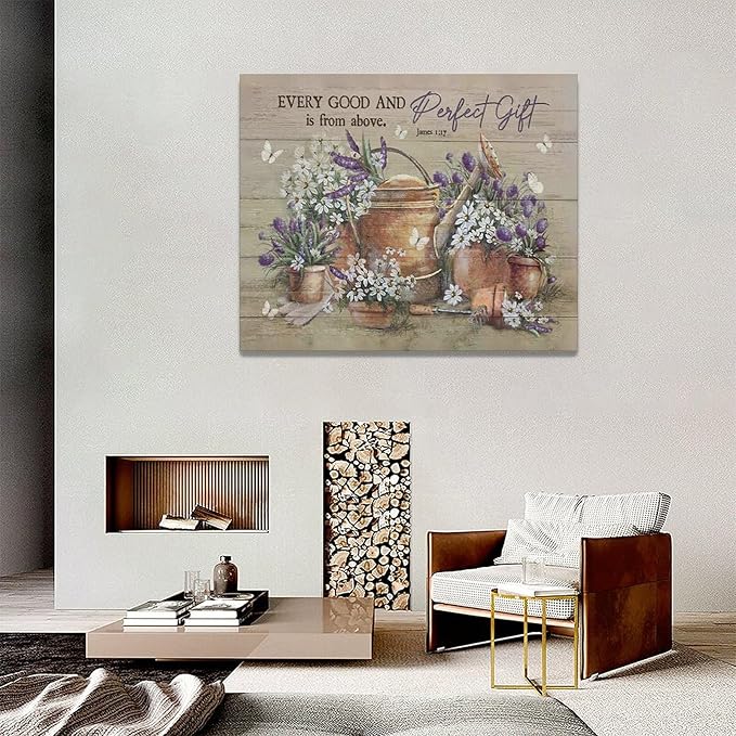 Country Bathroom Flower Wall Art Farmhouse Lavender Wall Decor Rustic Scripture Sign Canvas Painting Artwork Home Decorations for Man Teenager Office Bedroom Living Room Bathroom 20"x16"