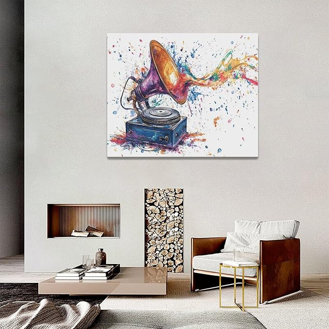 Fleruku Watercolor Phonograph Wall Art Colorful Phonograph Wall Decor Pictures Canvas Painting Artwork Home Decorations for Living Room Bedroom Bathroom Office Nursery Classroom 20"x16"