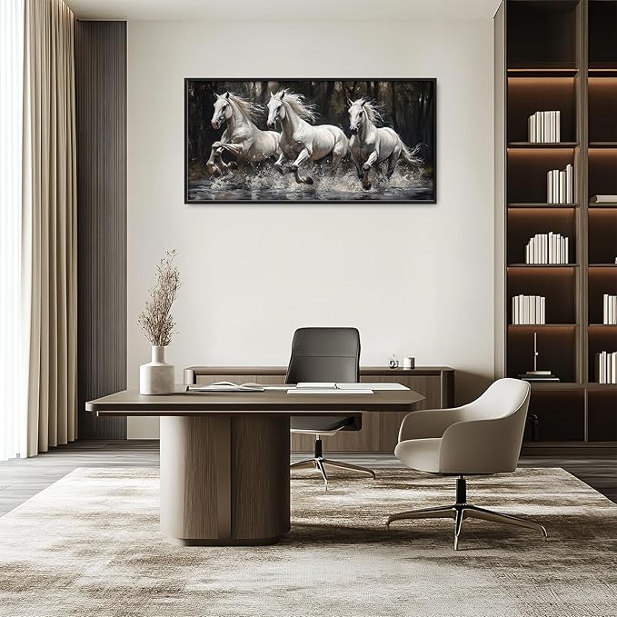 Horse Wall Art Horses Running Pictures Wall Decor Farmhouse White Mustang Large Master Over Above Bed Canvas Prints Horizontal Modern Artwork Painting Home Office Decorations For Bedroom 30"x60"