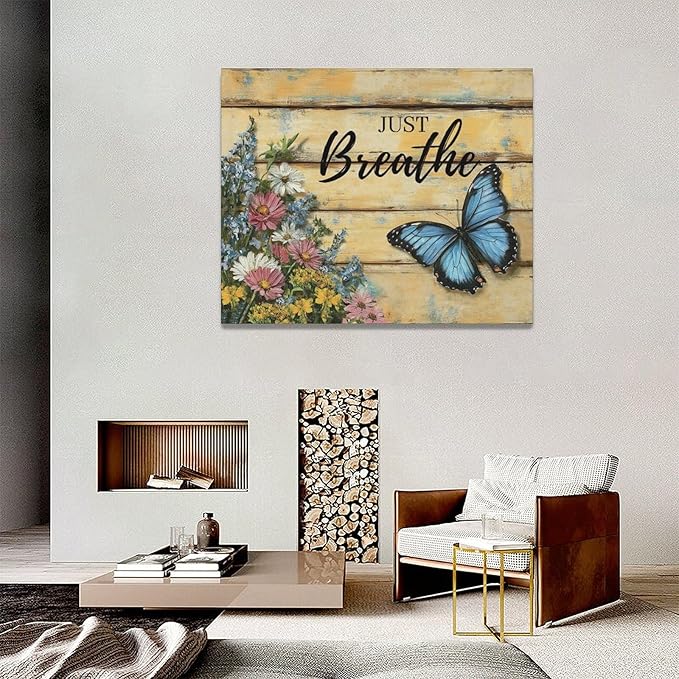 Olivine Butterfly Wall Art, Butterflies Flower Pictures Wall Decor, Just Breathe Painting, Vintage Farmhouse Canvas Prints, Framed Artwork for Living Room Bedroom Bathroom Kitchen Office Home 20"x16"