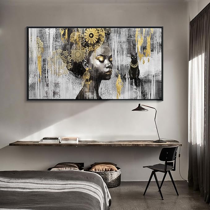 KLAKLA Large Black Wall Art - African American Black Girl Wall Art Colorful Black African Woman Black and Gold Canvas Picture Framed Wall Decor for Living Room Bedroom Home Decoration