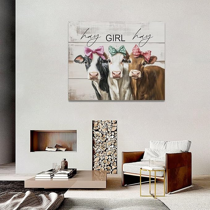 Olivine Cow Wall Art, Farmhouse Pictures Wall Decor, Cows Painting, Country Rustic Canvas Prints, Framed Artwork for Living Room Bedroom Bathroom Home Decoration 20"x16"
