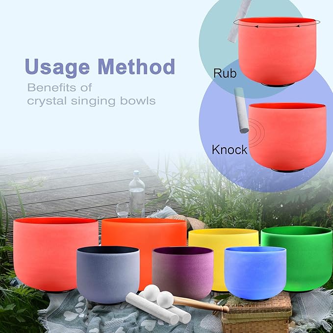Ryan Dvan 7-11 Inch Set of 3 Frosted Quartz Crystal Singing Bowl Chakra Set with Free Carrying Case and Suede Strikers