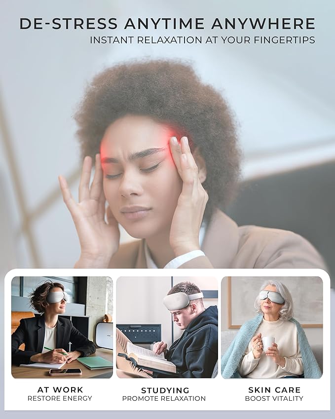 Premium Eye Massager with Heat & Cooling Gel Mask Heated Eye Massager for Migraine w Bluetooth & White Noise Massaging Mask for Tension & Stress Relief, Birthday Gift