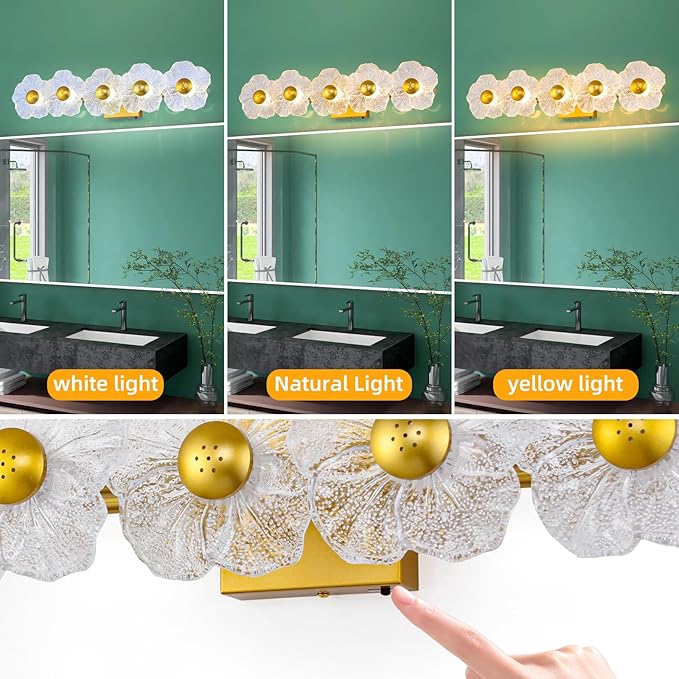 MantoLite Bathroom Light Fixtures Modern Vanity Light Over Mirror Adjustable 3000K-6000K Picture Lights Art Light with Floral Clear Glass Shades for Living Room Bedroom Wall Sconces (5 Light Gold)