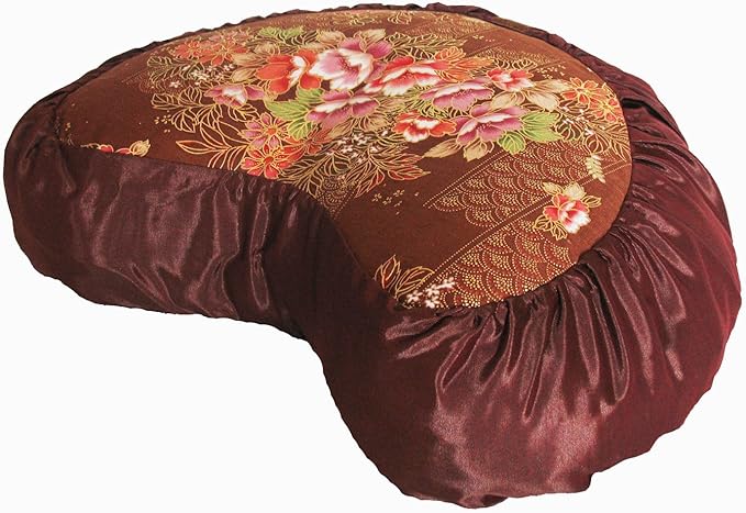 Meditation Cushion Crescent Zafu Pillow - Japanese Silk Brown