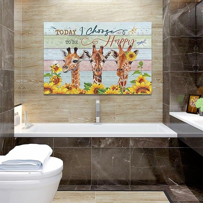 Giraffe Bathroom Decor Wall Art Sunflower Wall Decor Giraffe Canvas I Choose Happy Prints Painting Framed Artwork for Bathroom living room Bedroom 24"x16"