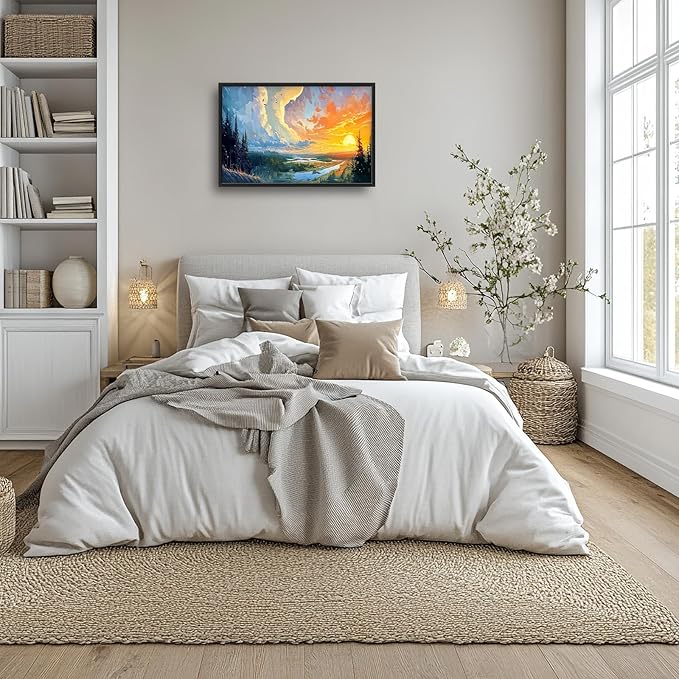 Framed Large Sun Landscape Wall Art for Living Room, Oversized Forest Wall Decor Lake Sunrise Canvas Print Nature Picture Home Decoration for Bedroom Living Room Office 36"x24"