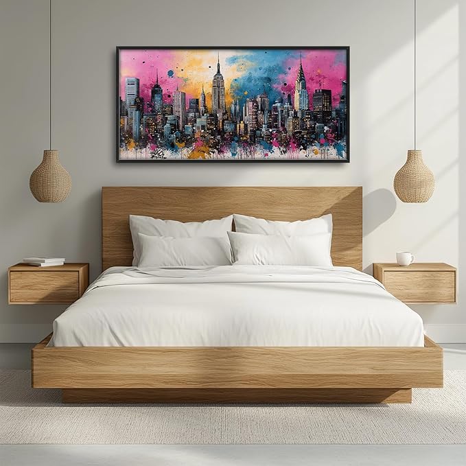 Glocmna Large Wall Art for Living Room Banksy Street Graffiti New York City Wall Decor Modern Skyline Cityscape Pictures Painting Big Canvas Print Framed Artwork Decorations Home Office Bedroom 30"x60"
