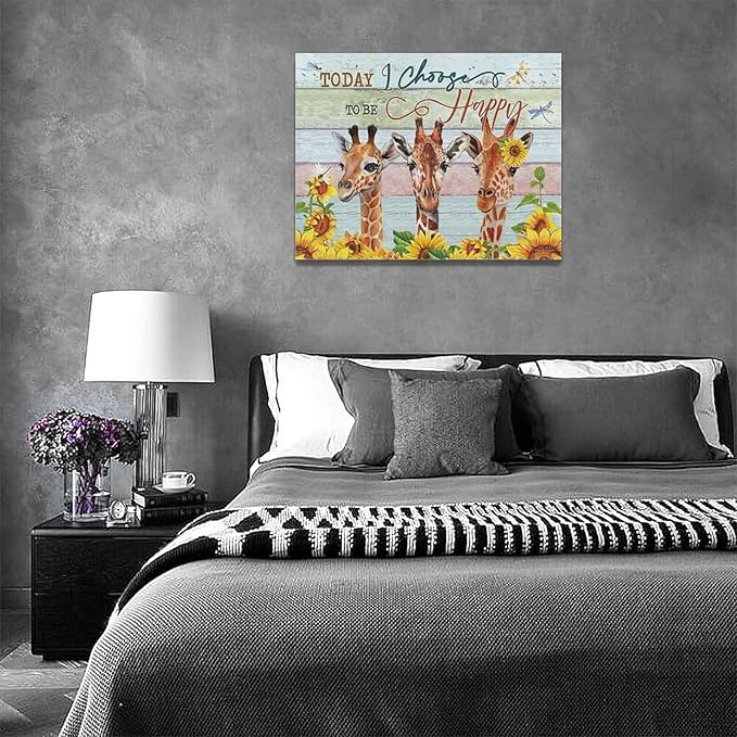 Giraffe Bathroom Decor Wall Art Sunflower Wall Decor Giraffe Canvas I Choose Happy Prints Painting Framed Artwork for Bathroom living room Bedroom 16"x12"